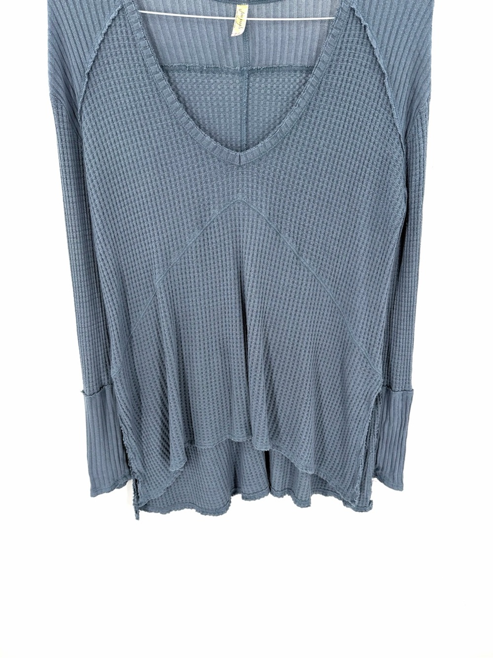 Free People Blue Gray Sunset Park Drippy Thermal Waffle Knit Oversized Shirt Top - Picture 4 of 8